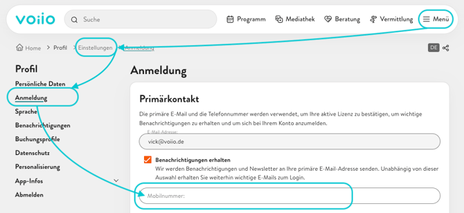 Mobilfunknummer hinterlegen
